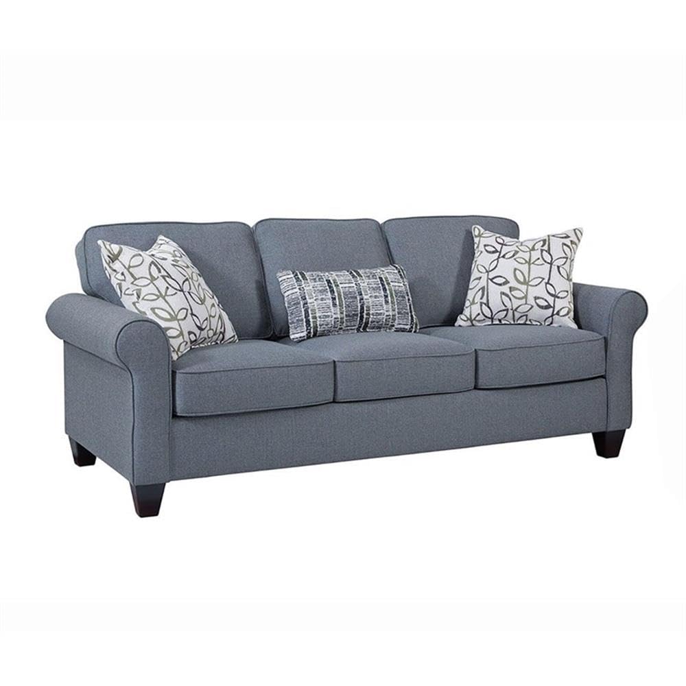 American Furniture Classics Model 8-010-A330V16 Classic Cottage Series Blue Fabric Sofa With Rolled Arms And 3 Accent Pillows